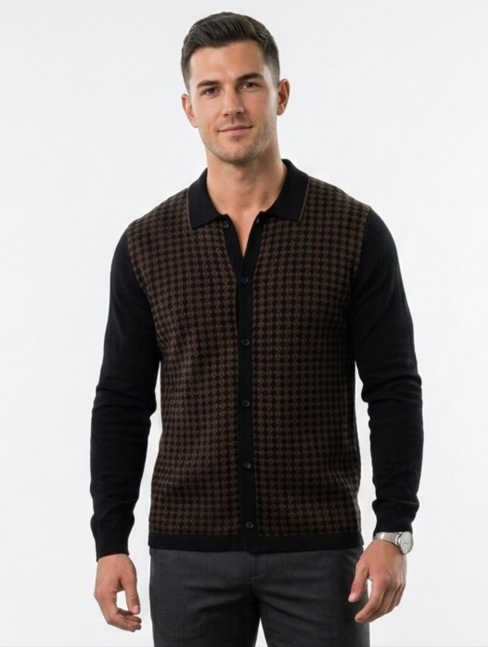 Express Men's Black and Brown Houndstooth Knit Button-Up Shirt XL - Picture 3 of 11